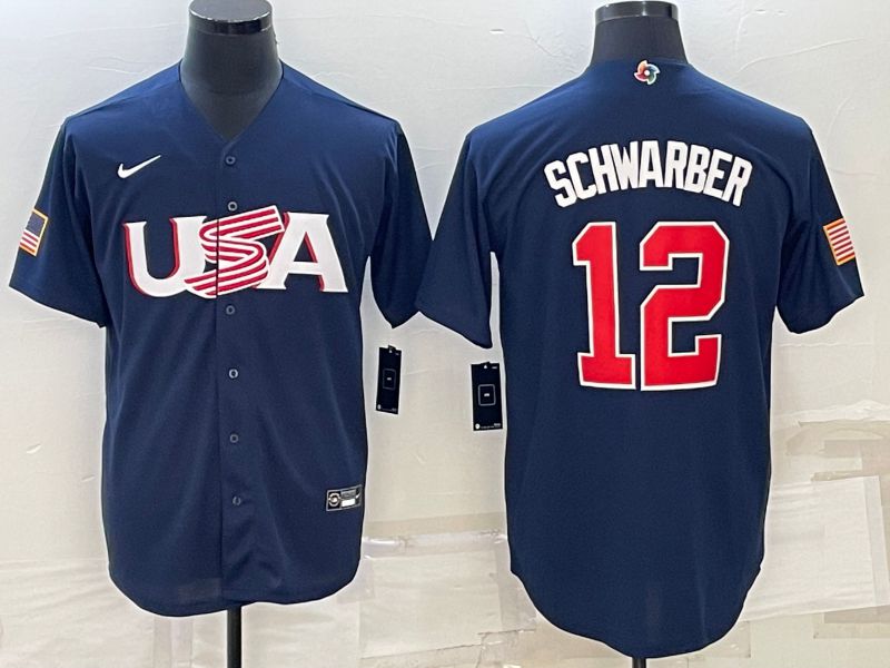Men 2023 World Cub USA #12 Schwarber Blue Nike MLB Jersey9->more jerseys->MLB Jersey
